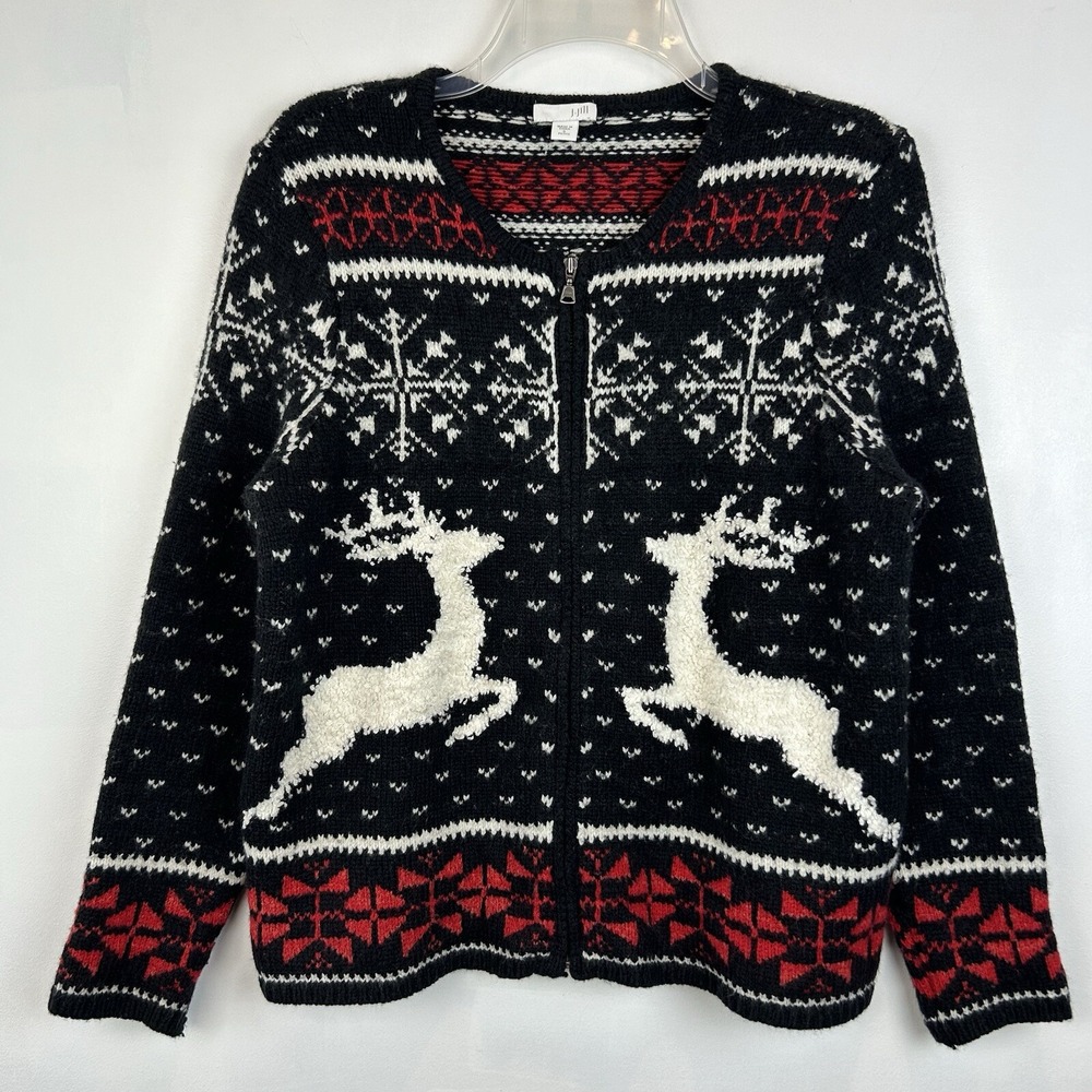 J Jill Sweater Womans S Petite Zip Cardigan Holiday Christmas Reindeer Fair Isle